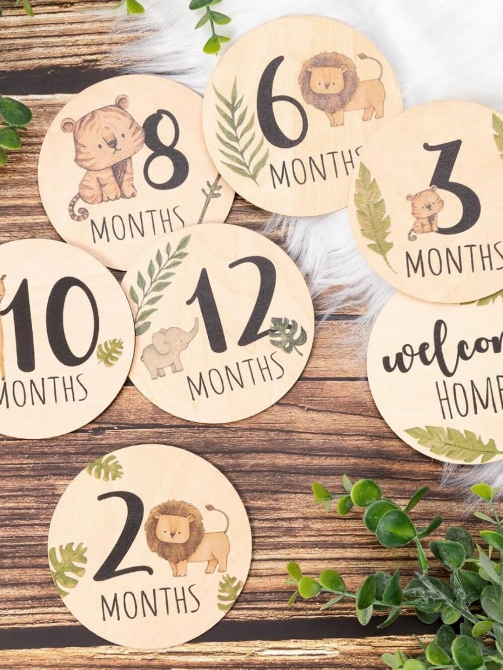 Baby Monthly Milestone Cards Sign - 7 Double Sided Animals Marker Wooden Circles